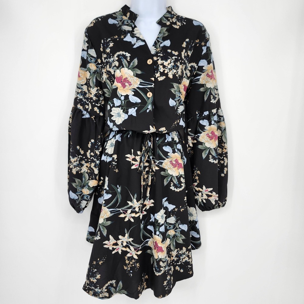 Cupshe NWT Black Floral Long Balloon Sleeve Dress Womens Large Boho Botanical